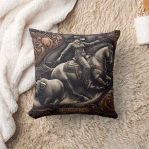 Cowgirl Roping a Steer in Vintage Rodeo Artwork Cushion