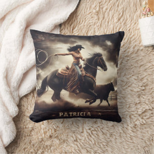 Cowgirl Roping Bull at Rodeo Event Cushion