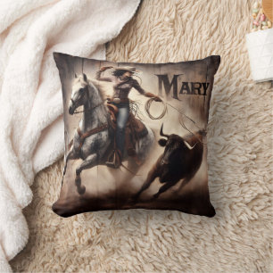 Cowgirl Roping Bull at Rodeo Event Cushion