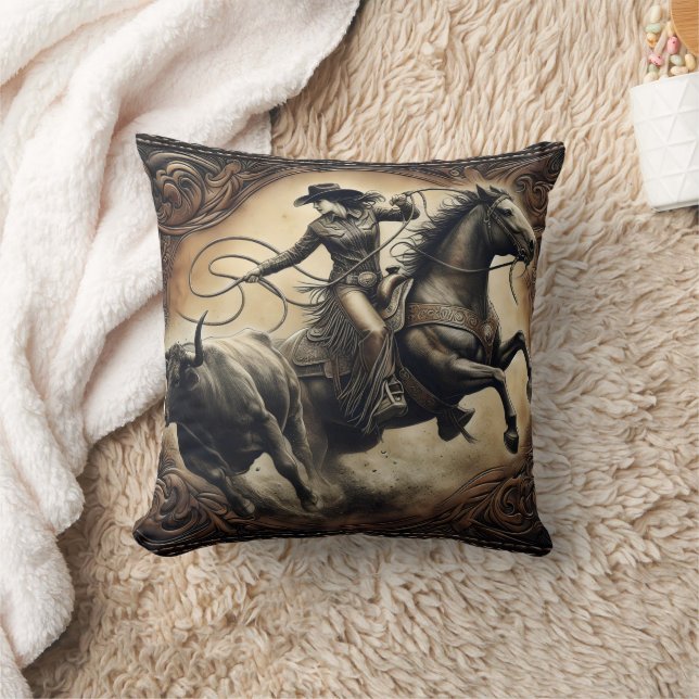 Cowgirl Roping Bull at Rodeo Event in Arena Cushion (Blanket)