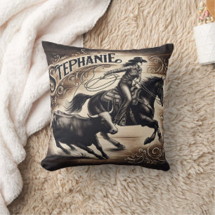 Cowgirl Roping Cattle at a Rodeo Event Cushion