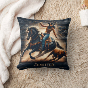 Cowgirl Roping Cattle at a Western Rodeo Event Cushion
