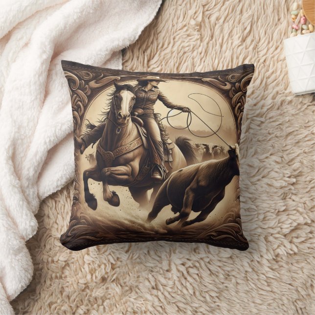 Cowgirl Roping Cattle at Afternoon Rodeo Cushion (Blanket)