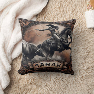 Cowgirl Roping Cattle at Rodeo Event Cushion