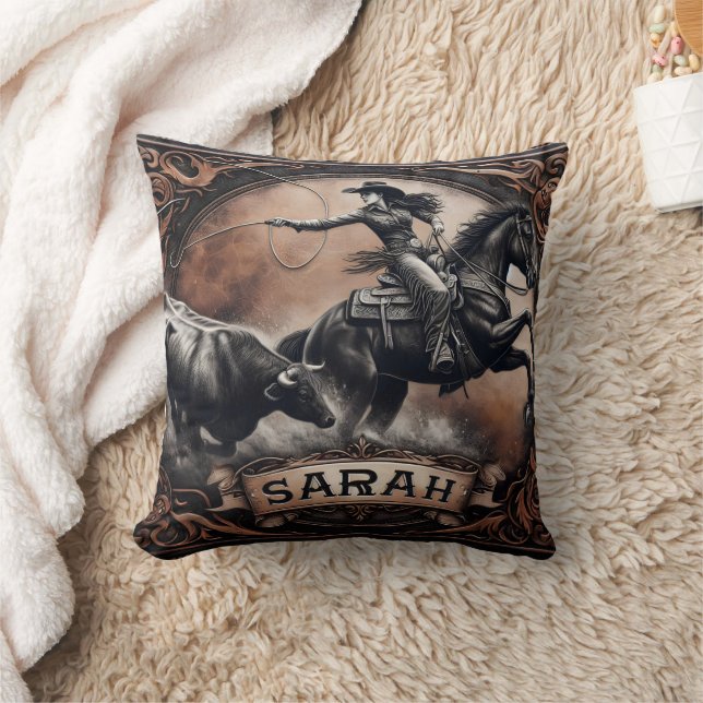 Cowgirl Roping Cattle at Rodeo Event Cushion (Blanket)