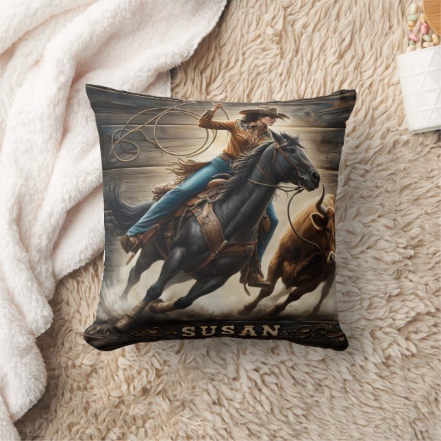 Cowgirl Roping Cattle at Rodeo Event Cushion (Blanket)
