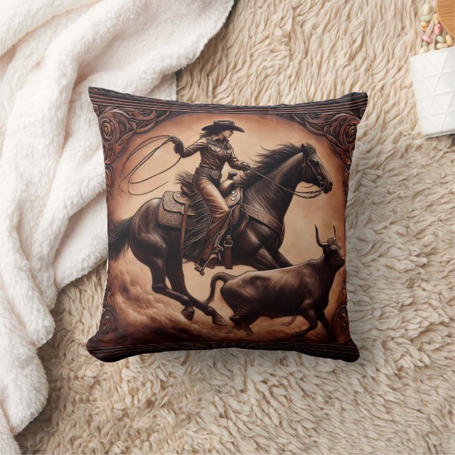 Cowgirl Roping Cattle at Western Rodeo Event Cushion (Blanket)