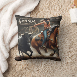 Cowgirl Roping Steer During Rodeo Event Cushion