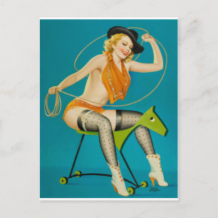 Cowgirl Roping the Horse Pin Up Postcard