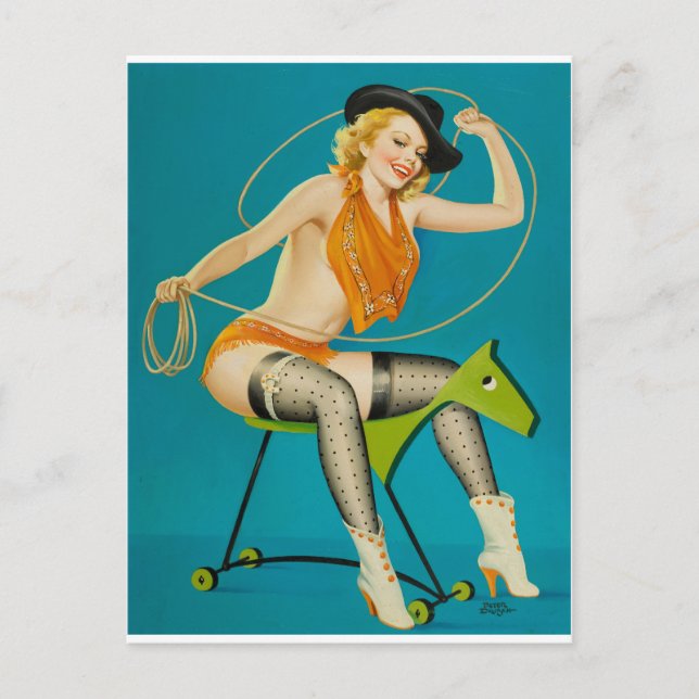 Cowgirl Roping the Horse Pin Up Postcard (Front)