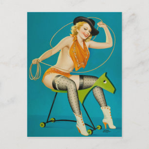Cowgirl Roping the Horse Pin Up Postcard