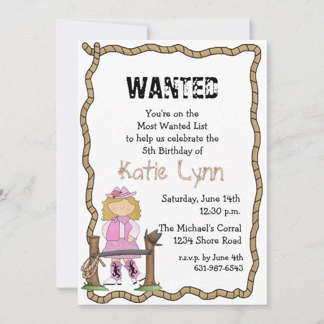 Cowgirl Roundup Birthday Party Invitation (Front)