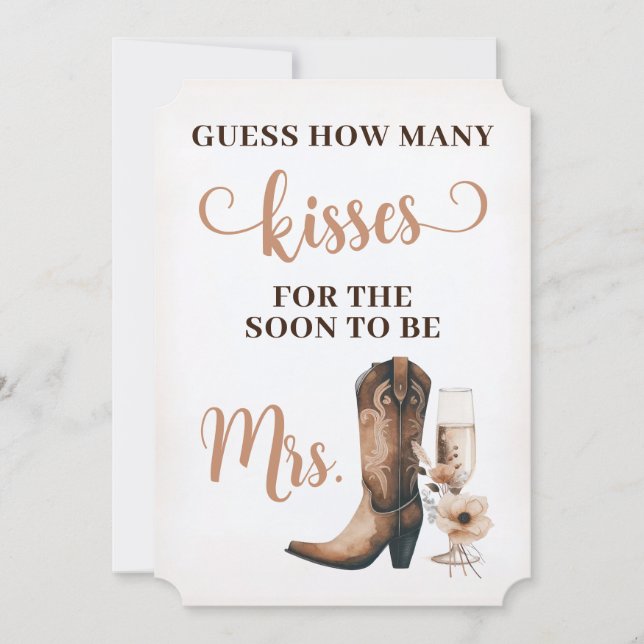 Cowgirl Rustic Bridal Shower Kisses Sign Game Card (Front)