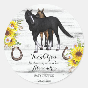 Cowgirl rustic  horse foal sunflowers baby shower classic round sticker