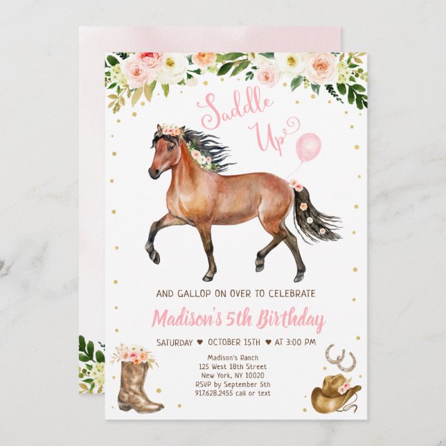 Cowgirl Saddle Up Horse Pony Birthday Invitation (Front/Back)