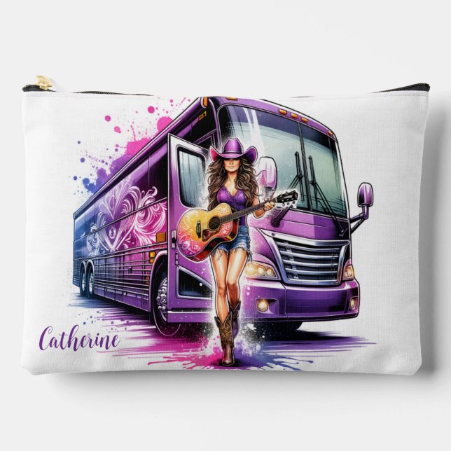 Cowgirl Singer with Guitar and Tour Bus Custom Accessory Pouch (Front)