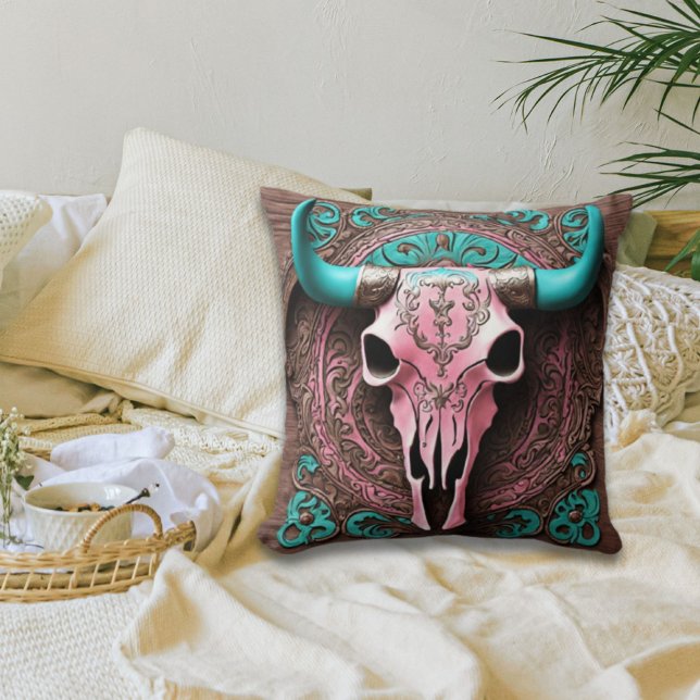 Cowgirl Southwestern Turquoise Pink Bull Skull  Cushion (Creator Uploaded)