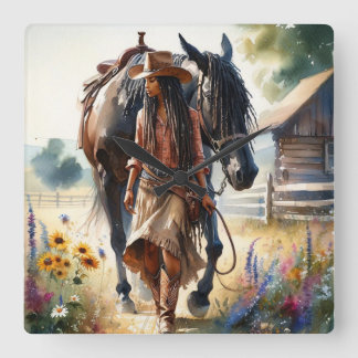 Cowgirl Spirit Western Square Wall Clock
