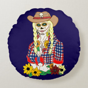 Cowgirl Sugar Skull Round Cushion