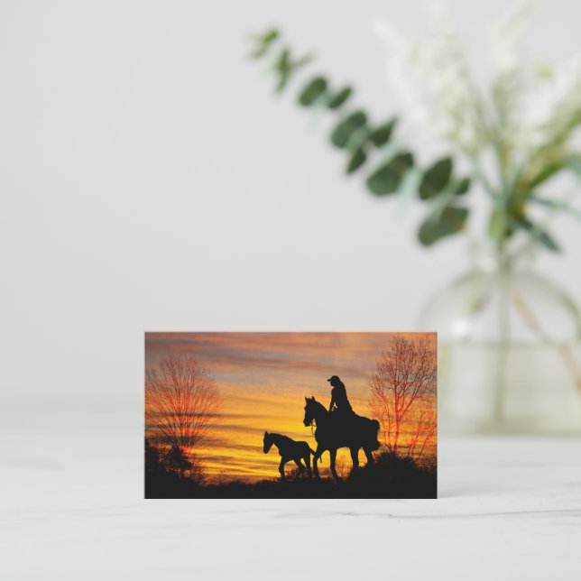 Cowgirl Sunset Horseback Ride Business Card (Standing Front)