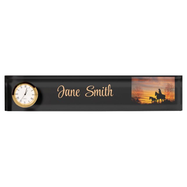 Cowgirl Sunset Horseback Ride Desk Nameplate (Front)