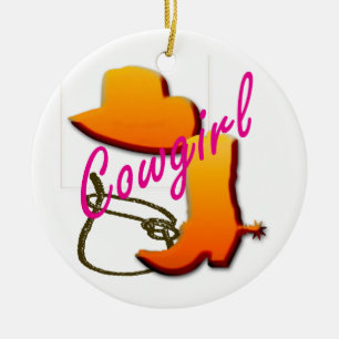 Cowgirl text with boot, hat, and rope design ceramic tree decoration