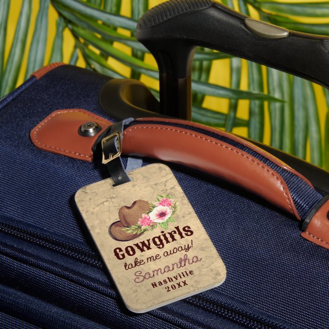Cowgirl Themed Personalised Pink Floral Luggage Tag (Front Insitu 1)