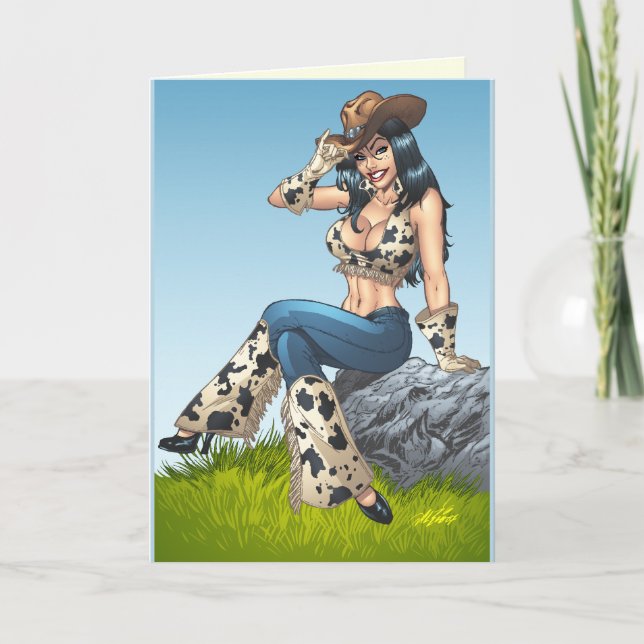 Cowgirl Tipping Her Cowboy Hat Illustration Card (Front)