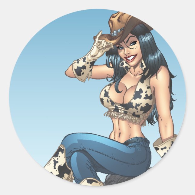Cowgirl Tipping Her Cowboy Hat Illustration Classic Round Sticker (Front)