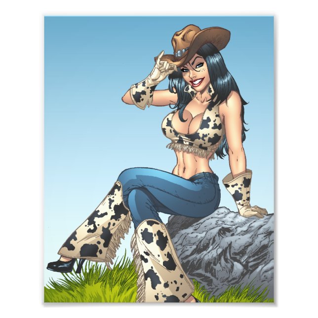 Cowgirl Tipping Her Cowboy Hat Illustration Photo Print (Front)