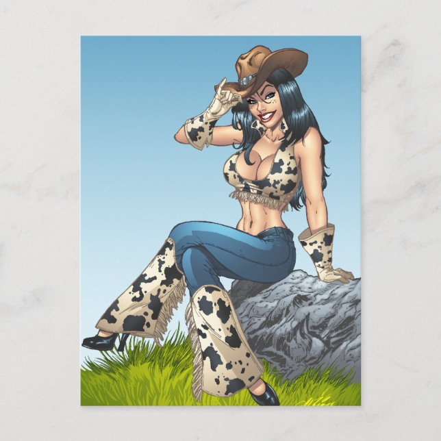 Cowgirl Tipping Her Cowboy Hat Illustration Postcard (Front)