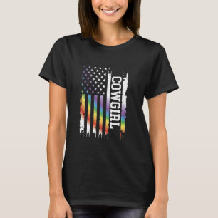 Cowgirl United States Distressed Rainbow w US Flag T-Shirt