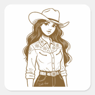 Cowgirl Western Aesthetic Line Art Square Sticker