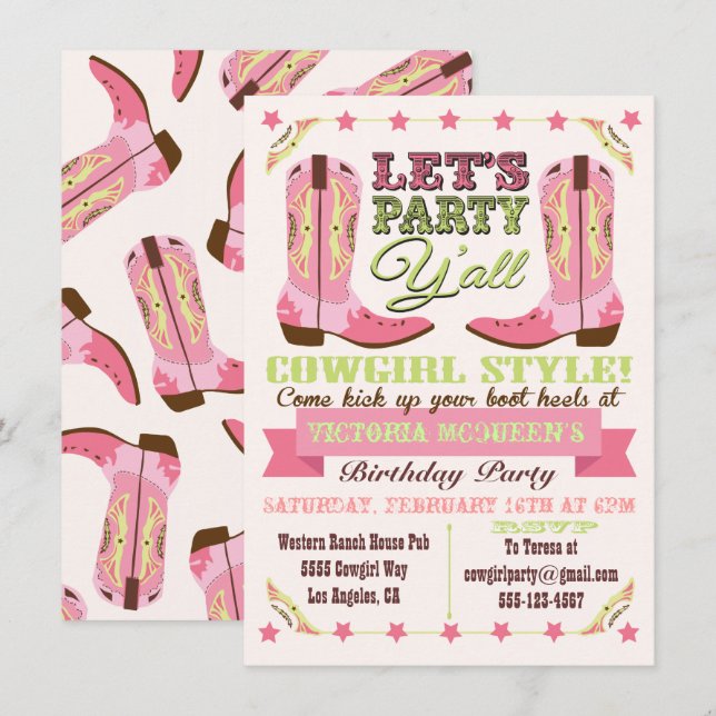 Cowgirl Western Birthday Party Invitations (Front/Back)