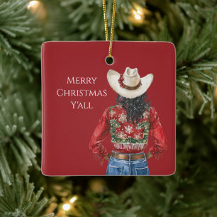 Cowgirl Western Black Hair Christmas   Ceramic Ornament