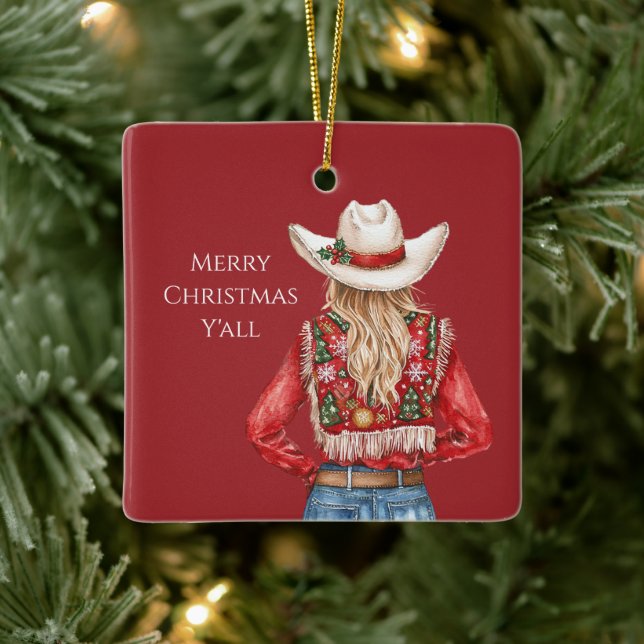 Cowgirl Western Blond Hair Christmas   Ceramic Ornament (Tree)