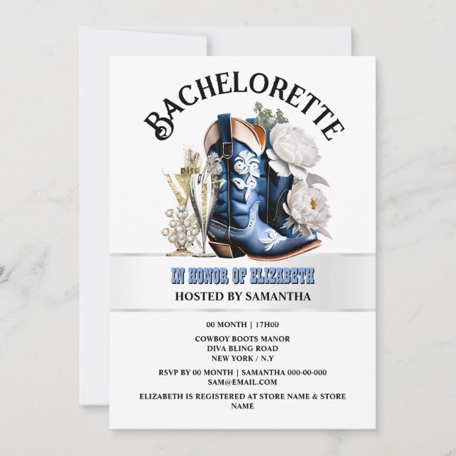 Cowgirl western boots blue brown peony chic invitation (Front)