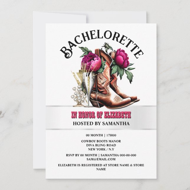 Cowgirl western boots magenta brown bubbly chic invitation (Front)