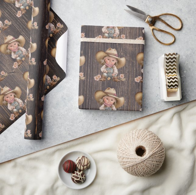 Cowgirl western burnt brown woodgrain rustic wrapping paper (Crafts)