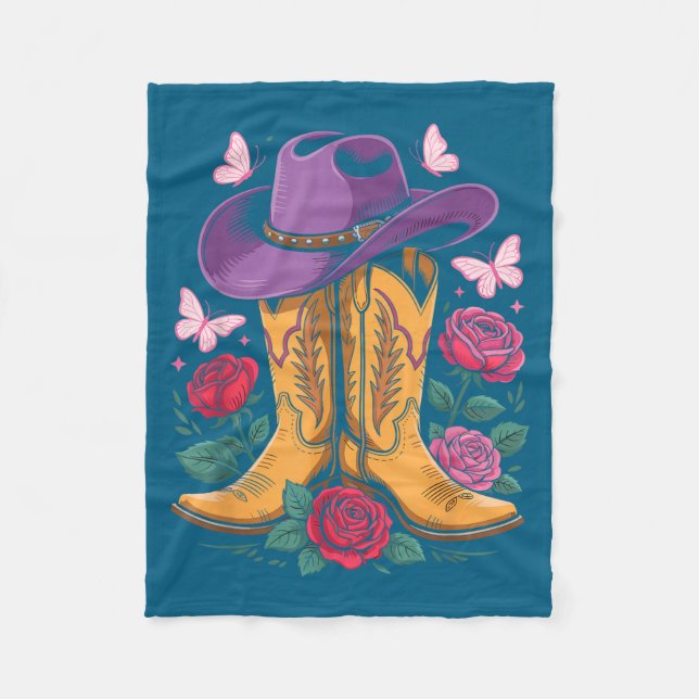 Cowgirl Western Cowboy Hat Boots With Roses Countr Fleece Blanket (Front)