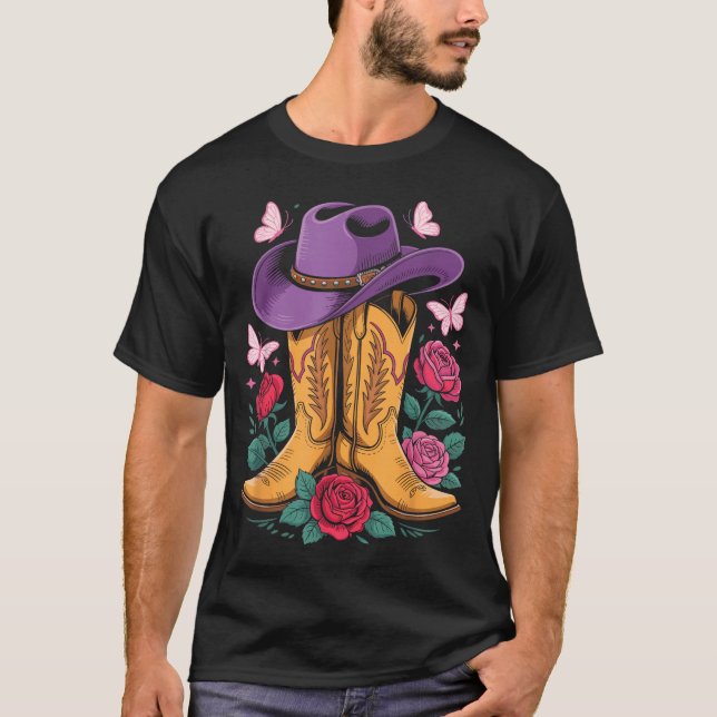 Cowgirl Western Cowboy Hat Boots With Roses Countr T-Shirt (Front)