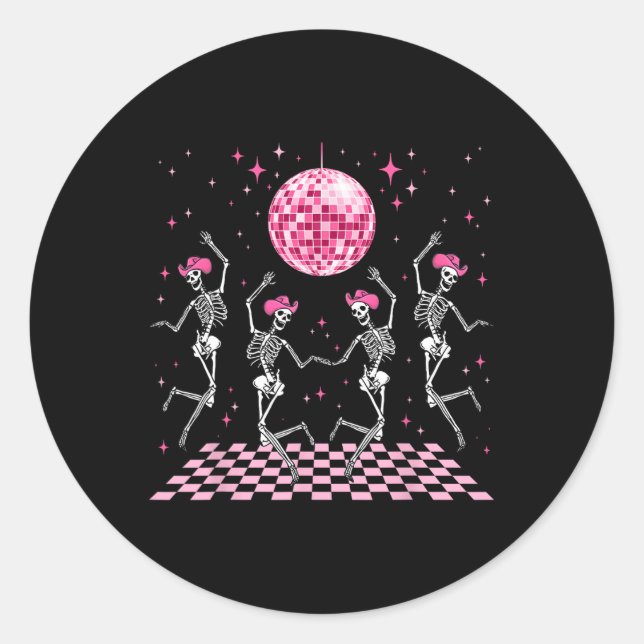 Cowgirl Western Funny Dancing Skeletons And Disco  Classic Round Sticker (Front)