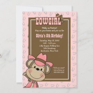 Cowgirl Western Monkey 5x7 Pink Horseshoe Birthday Invitation