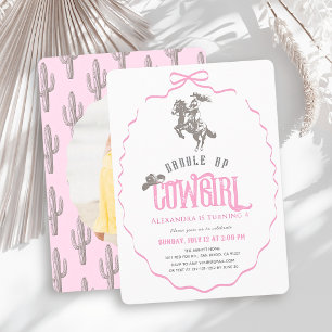 Cowgirl Western `Pink Bow Girl Photo Birthday Invitation