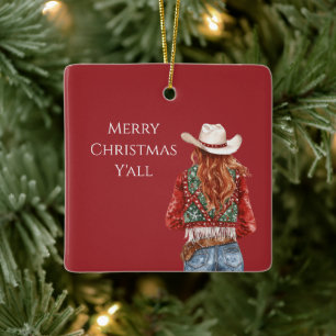 Cowgirl Western Red Hair Christmas   Ceramic Ornament