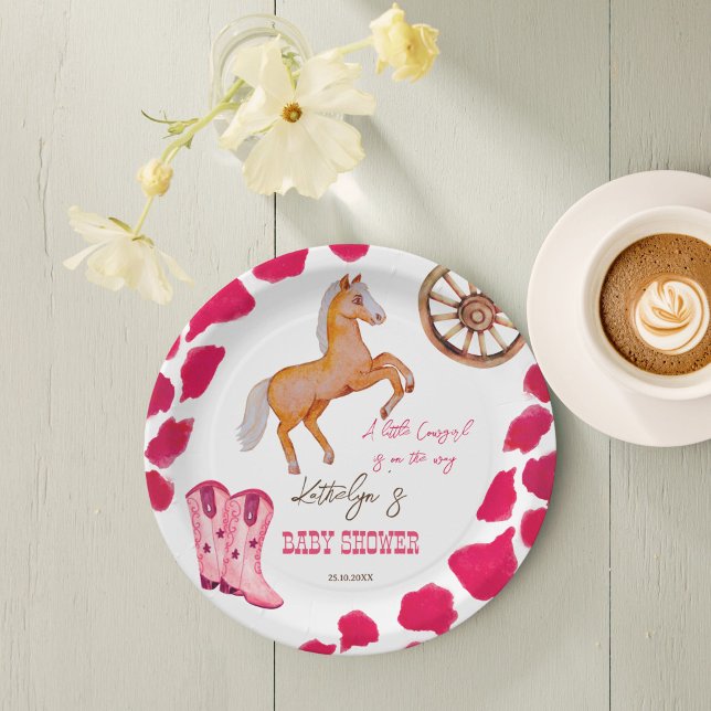 Cowgirl western rodeo cute baby shower pink paper plate (Cowgirl western rodeo baby shower pink customized paper plates cute baby horse personalized plates)