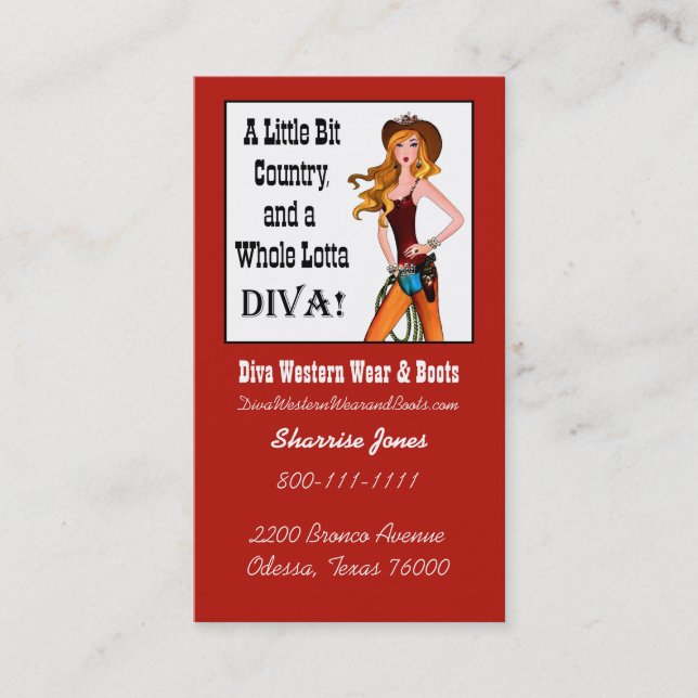 “Cowgirl Western Wear and Boots” Diva  Business Card (Front)
