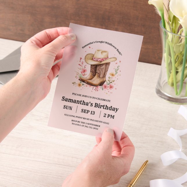 Cowgirl Wildflowers Bash Birthday | Pink Western  Vellum Invitations (Handheld)