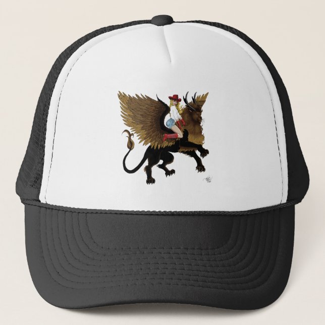 Cowgirl Winged Lion Fantasy Red Trucker Hat (Front)