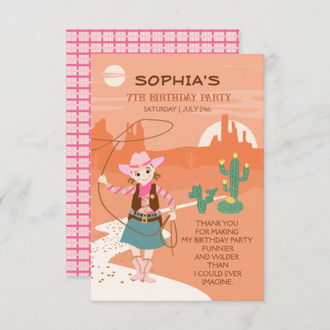 Cowgirl with a lasso and cacti Kids Birthday Party Thank You Card (Front/Back)